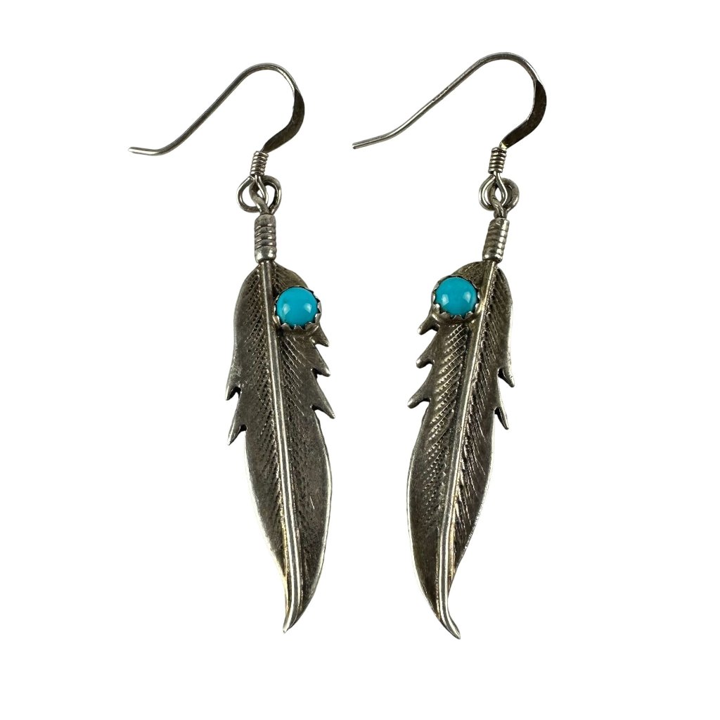 Running Bear Sterling Silver 925 Native American Feather With Turquoise